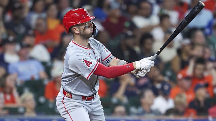 Los Angeles Angels shortstop Zach Neto (9) hits a home run during the eighth inning against the Houston Astros at Minute Maid Park in Houston on Sept. 22, 2024.