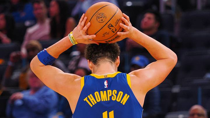 Nov 30, 2023; San Francisco, California, USA; Golden State Warriors guard Klay Thompson (11) reacts after being called for a foul against the Los Angeles Clippers during the third quarter at Chase Center. Mandatory Credit: Kelley L Cox-USA TODAY Sports