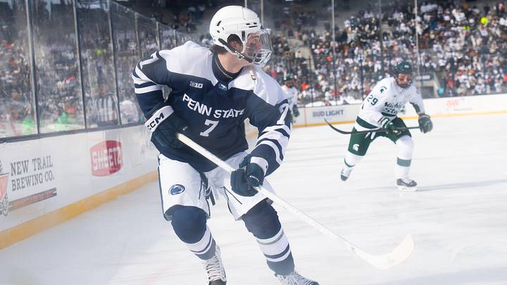 Penn State defenseman Jackson Smith during a Big Ten ice hockey game against Michigan State in Beaver Stadium on January 31, 2026. Penn State defenseman Jackson Smith during a Big Ten ice hockey game against Michigan State in Beaver Stadium on January 31, 2026.