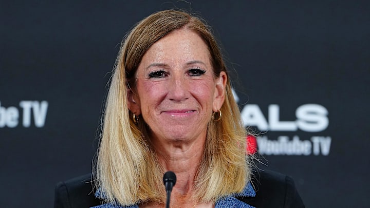 Oct 3, 2025; Las Vegas, Nevada, USA; WNBA Commissioner Cathy Engelbert talks during a presser before the start of game one of the 2025 WNBA Finals between the Phoenix Mercury and the Las Vegas Aces at Michelob Ultra Arena. Mandatory Credit: Stephen R. Sylvanie-Imagn Images