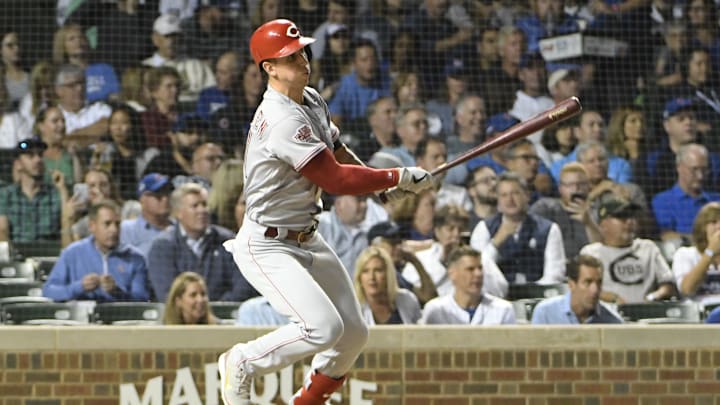 Sep 18, 2019; Chicago, IL, USA; Cincinnati Reds center fielder Michael Lorenzen (21) hits a single against the Chicago Cubs during the third inning at Wrigley Field. Mandatory Credit: David Banks-Imagn Images Sep 18, 2019; Chicago, IL, USA; Cincinnati Reds center fielder Michael Lorenzen (21) hits a single against the Chicago Cubs during the third inning at Wrigley Field. Mandatory Credit: David Banks-Imagn Images