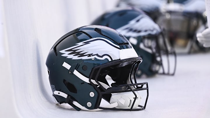 Aug 15, 2024; Foxborough, MA, USA; Philadelphia Eagles helmets sit on the bench during the first half against the New England Patriots at Gillette Stadium. Mandatory Credit: Eric Canha-Imagn Images Aug 15, 2024; Foxborough, MA, USA; Philadelphia Eagles helmets sit on the bench during the first half against the New England Patriots at Gillette Stadium. Mandatory Credit: Eric Canha-Imagn Images
