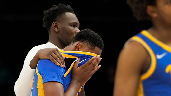 Mar 11, 2025; Charlotte, NC, USA; Pittsburgh Panthers forward Zack Austin (55) covers his face with his jersey after the loss at Spectrum Center. Mandatory Credit: Bob Donnan-Imagn Images