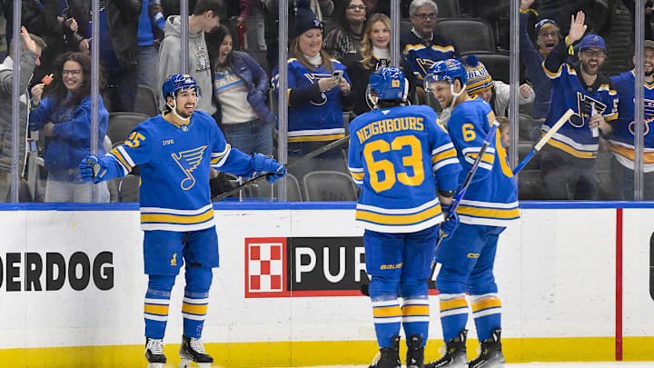 Nov 28, 2025; St. Louis, Missouri, USA; St. Louis Blues right wing Jordan Kyrou (25) celebrates with left wing Jake Neighbours (63) and defenseman Philip Broberg (6) after scoring against the Ottawa Senators during the third period at Enterprise Center. Mandatory Credit: Jeff Curry-Imagn Images