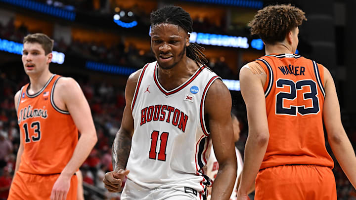 Mar 26, 2026; Houston, TX, USA; Houston Cougars forward Joseph Tugler (11) reacts in the first half during a Sweet Sixteen game of the South Regional of the men's 2026 NCAA Tournament at Toyota Center. 