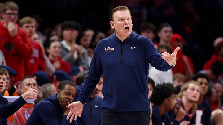 Dec 9, 2025; Columbus, Ohio, USA; Illinois Fighting Illini head coach Brad Underwood reacts to a call during the first half against the Ohio State Buckeyes Value City Arena. Mandatory Credit: Joseph Maiorana-Imagn Images