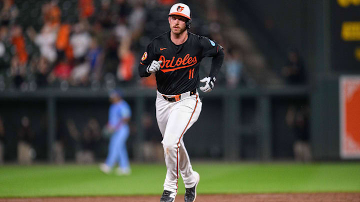 Jul 29, 2024; Baltimore, Maryland, USA; Baltimore Orioles third baseman Jordan Westburg (11) rounds second base after hitting a home run during the second inning against the Toronto Blue Jays at Oriole Park at Camden Yards. Jul 29, 2024; Baltimore, Maryland, USA; Baltimore Orioles third baseman Jordan Westburg (11) rounds second base after hitting a home run during the second inning against the Toronto Blue Jays at Oriole Park at Camden Yards.