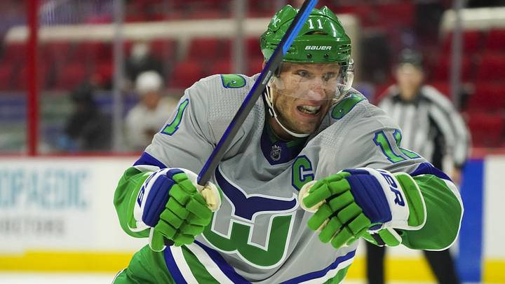 Feb 19, 2021; Raleigh, North Carolina, USA; Carolina Hurricanes center Jordan Staal (11) skates against the Chicago Blackhawks at PNC Arena. Mandatory Credit: James Guillory-Imagn Images Feb 19, 2021; Raleigh, North Carolina, USA; Carolina Hurricanes center Jordan Staal (11) skates against the Chicago Blackhawks at PNC Arena. Mandatory Credit: James Guillory-Imagn Images