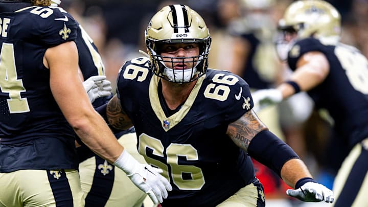 Aug 25, 2024; New Orleans, Louisiana, USA; New Orleans Saints center Shane Lemieux (66) during the warmups before the game against the Tennessee Titans at Caesars Superdome. Aug 25, 2024; New Orleans, Louisiana, USA; New Orleans Saints center Shane Lemieux (66) during the warmups before the game against the Tennessee Titans at Caesars Superdome.