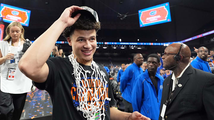 Florida guard Walter Clayton Jr. (1) celebrates after winning the national championship game of the 2025 NCAA Tournament.