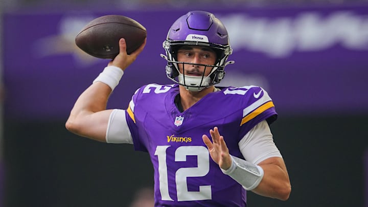 Aug 9, 2025; Minneapolis, Minnesota, USA; Minnesota Vikings quarterback Max Brosmer (12) passes against the Houston Texans in the fourth quarter at U.S. Bank Stadium. Aug 9, 2025; Minneapolis, Minnesota, USA; Minnesota Vikings quarterback Max Brosmer (12) passes against the Houston Texans in the fourth quarter at U.S. Bank Stadium.