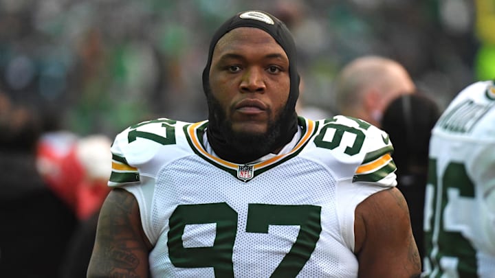 Jan 12, 2025; Philadelphia, Pennsylvania, USA; Green Bay Packers defensive tackle Kenny Clark (97) against the Philadelphia Eagles in an NFC wild card game at Lincoln Financial Field. Mandatory Credit: Eric Hartline-Imagn Images