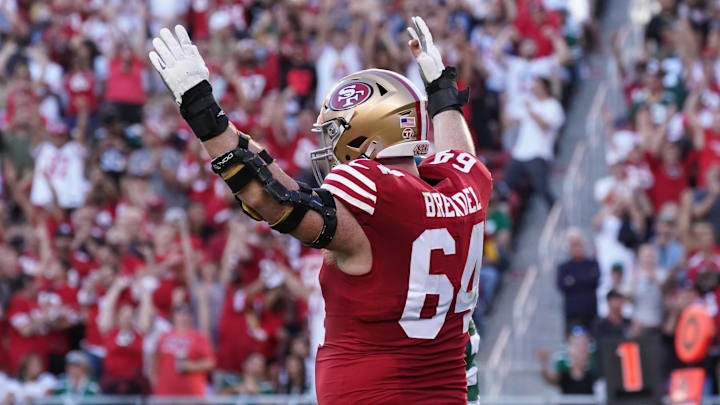 Sep 9, 2024; Santa Clara, California, USA; San Francisco 49ers center Jake Brendel (64) celebrates a touchdown, which was called back, in the second quarter against the New York Jets at Levi's Stadium. Mandatory Credit: David Gonzales-Imagn Images
