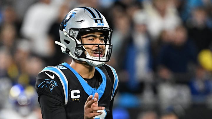 Carolina Panthers quarterback Bryce Young (9) reacts in the fourth quarter 