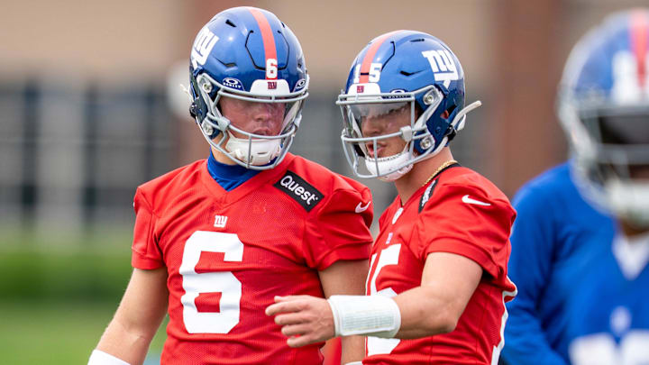 NY Giants quarterbacks Jaxson Dart and Tommy DeVito are shown during a practice at Quest Diagnostics Training Center, East Rutherford, NJ, May 28, 2025.