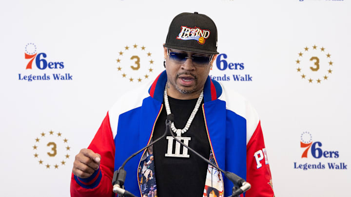 Apr 12, 2024; Camden, NJ, USA; Philadelphia 76ers great Allen Iverson speaks at the podium during the unveiling of a statue honoring him in a ceremony at Penn Medicine Philadelphia 76ers Training Complex. Mandatory Credit: Bill Streicher-Imagn Images Apr 12, 2024; Camden, NJ, USA; Philadelphia 76ers great Allen Iverson speaks at the podium during the unveiling of a statue honoring him in a ceremony at Penn Medicine Philadelphia 76ers Training Complex. Mandatory Credit: Bill Streicher-Imagn Images