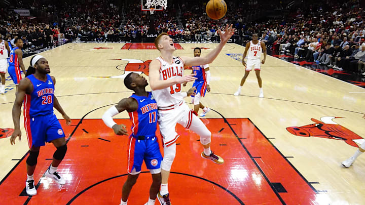 Feb 11, 2025; Chicago, Illinois, USA; Detroit Pistons Dennis Schroder (17) defends Chicago Bulls guard Kevin Huerter (13) during the second half at United Center. Mandatory Credit: David Banks-Imagn Images Feb 11, 2025; Chicago, Illinois, USA; Detroit Pistons Dennis Schroder (17) defends Chicago Bulls guard Kevin Huerter (13) during the second half at United Center. Mandatory Credit: David Banks-Imagn Images