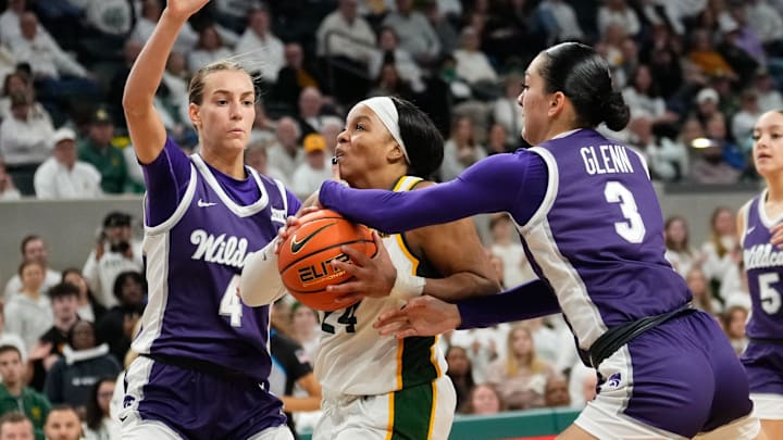 Jan 22, 2024; Waco, Texas, USA; Baylor Lady Bears guard Sarah Andrews (24) drives to the basket against Kansas State Wildcats guard Serena Sundell (4).