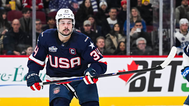 Feb 13, 2025; Montreal, Quebec, CAN; [Imagn Images direct customers only] Team USA forward Auston Matthews (34) looks on against Team Finland in the first period during a 4 Nations Face-Off ice hockey game at Bell Centre. Mandatory Credit: David Kirouac-Imagn Images