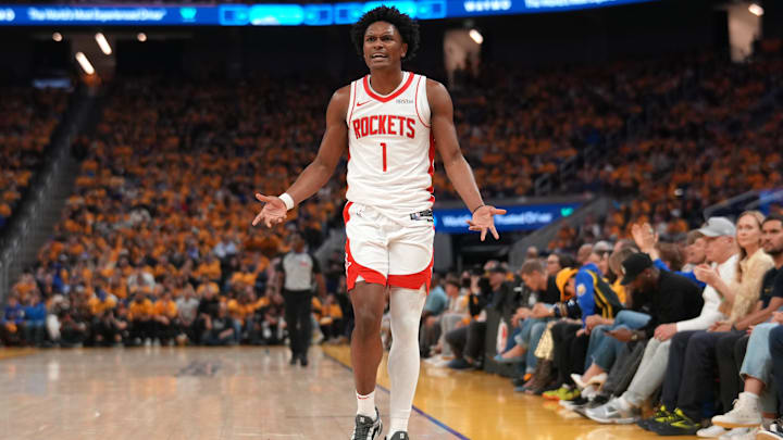 May 2, 2025; San Francisco, California, USA; Houston Rockets forward Amen Thompson (1) looks for a foul call after a play against the Golden State Warriors in the second quarter of game six of the first round for the 2025 NBA Playoffs at Chase Center. Mandatory Credit: Cary Edmondson-Imagn Images May 2, 2025; San Francisco, California, USA; Houston Rockets forward Amen Thompson (1) looks for a foul call after a play against the Golden State Warriors in the second quarter of game six of the first round for the 2025 NBA Playoffs at Chase Center. Mandatory Credit: Cary Edmondson-Imagn Images