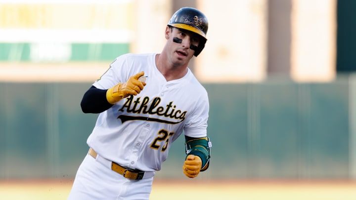 Jul 8, 2025; West Sacramento, California, USA; Athletics designated hitter Brent Rooker (25) runs the bases after hitting a two run home run during the first inning against Atlanta Braves starting pitcher Didier Fuentes (75) at Sutter Health Park. Mandatory Credit: Sergio Estrada-Imagn Images