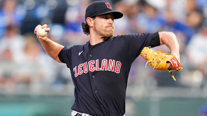 Sep 6, 2022; Kansas City, Missouri, USA; Cleveland Guardians starting pitcher Shane Bieber (57) pitches against the Kansas City Royals during the first inning at Kauffman Stadium. Mandatory Credit: Jay Biggerstaff-Imagn Images