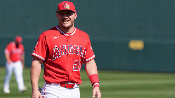 Feb 24, 2026; Tempe, Arizona, USA; Los Angeles Angels designated hitter Mike Trout (27) smiles as he warms up before the start of a spring training game against the San Francisco Giants at Tempe Diablo Stadium. Mandatory Credit: Allan Henry-Imagn Images Feb 24, 2026; Tempe, Arizona, USA; Los Angeles Angels designated hitter Mike Trout (27) smiles as he warms up before the start of a spring training game against the San Francisco Giants at Tempe Diablo Stadium. Mandatory Credit: Allan Henry-Imagn Images