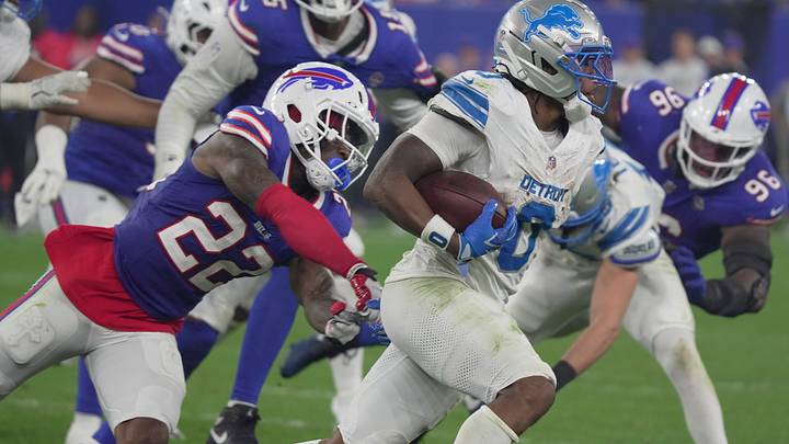 Buffalo Bills safety C.J. Gardner-Johnson tries to catch Detroit Lions running back Jahmyr Gibbs. Buffalo Bills safety C.J. Gardner-Johnson tries to catch Detroit Lions running back Jahmyr Gibbs.