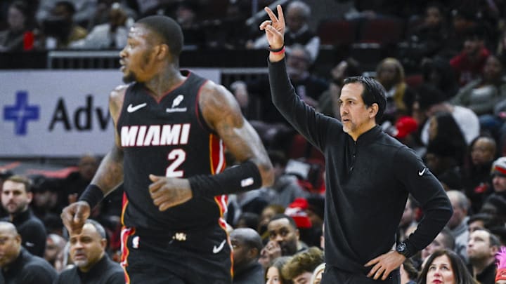 Feb 4, 2025; Chicago, Illinois, USA; Miami Heat head coach Erik Spoelstra directs the team against the Chicago Bulls during the first half at United Center. Mandatory Credit: Matt Marton-Imagn Images Feb 4, 2025; Chicago, Illinois, USA; Miami Heat head coach Erik Spoelstra directs the team against the Chicago Bulls during the first half at United Center. Mandatory Credit: Matt Marton-Imagn Images