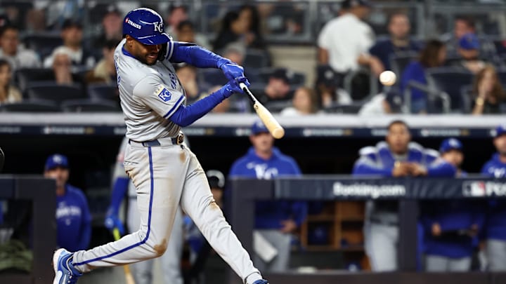 Oct 7, 2024; Bronx, New York, USA; Kansas City Royals third base Maikel Garcia (11) hits a RBI single against the New York Yankees in the fourth inning during game two of the ALDS for the 2024 MLB Playoffs at Yankee Stadium. Mandatory Credit: Vincent Carchietta-Imagn Images Oct 7, 2024; Bronx, New York, USA; Kansas City Royals third base Maikel Garcia (11) hits a RBI single against the New York Yankees in the fourth inning during game two of the ALDS for the 2024 MLB Playoffs at Yankee Stadium. Mandatory Credit: Vincent Carchietta-Imagn Images