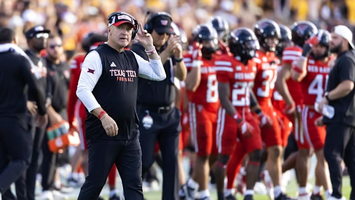 Oct 18, 2025; Tempe, Arizona, USA; Texas Tech Red Raiders head coach Joey McGuire against the Arizona State Sun Devils at Mountain America Stadium. Mandatory Credit: Mark J. Rebilas-Imagn Images Oct 18, 2025; Tempe, Arizona, USA; Texas Tech Red Raiders head coach Joey McGuire against the Arizona State Sun Devils at Mountain America Stadium. Mandatory Credit: Mark J. Rebilas-Imagn Images