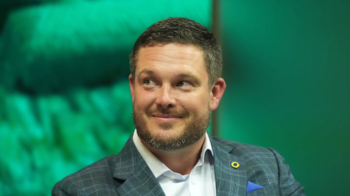 Jul 21, 2023; Las Vegas, NV, USA; Oregon Ducks coach Dan Lanning during Pac-12 Media Day at Resorts World Las Vegas. 