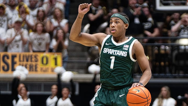Feb 26, 2026; West Lafayette, Indiana, USA; Michigan State Spartans guard Jeremy Fears Jr. (1) calls a play during the first half of a game against the Purdue Boilermakers at Mackey Arena. Mandatory Credit: Jacob Musselman-Imagn Images Feb 26, 2026; West Lafayette, Indiana, USA; Michigan State Spartans guard Jeremy Fears Jr. (1) calls a play during the first half of a game against the Purdue Boilermakers at Mackey Arena. Mandatory Credit: Jacob Musselman-Imagn Images