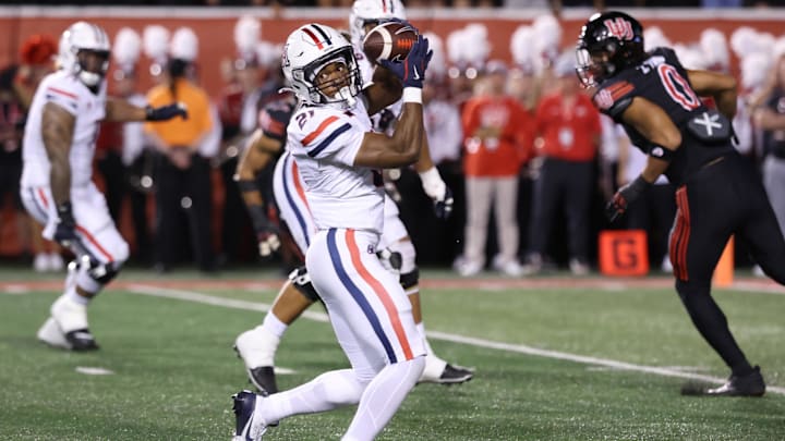 Sep 28, 2024; Salt Lake City, Utah, USA; Arizona Wildcats running back Rayshon Luke (21) makes a catch against the Utah Utes during the second quarter at Rice-Eccles Stadium. Sep 28, 2024; Salt Lake City, Utah, USA; Arizona Wildcats running back Rayshon Luke (21) makes a catch against the Utah Utes during the second quarter at Rice-Eccles Stadium.