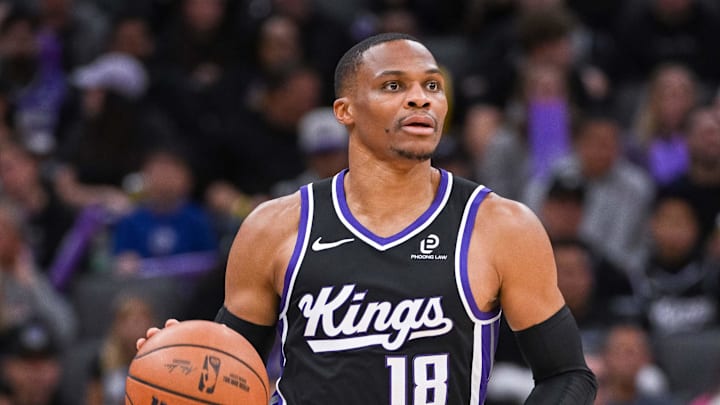 Oct 26, 2025; Sacramento, California, USA; Sacramento Kings guard Russell Westbrook (18) pushed the ball up the court against the Los Angeles Lakers during the third quarter at Golden 1 Center. Oct 26, 2025; Sacramento, California, USA; Sacramento Kings guard Russell Westbrook (18) pushed the ball up the court against the Los Angeles Lakers during the third quarter at Golden 1 Center.