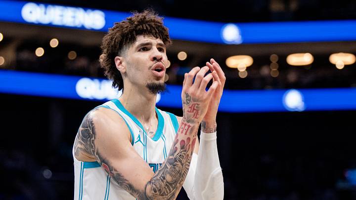 Charlotte Hornets guard LaMelo Ball (1) reacts to a foul during the third quarter 