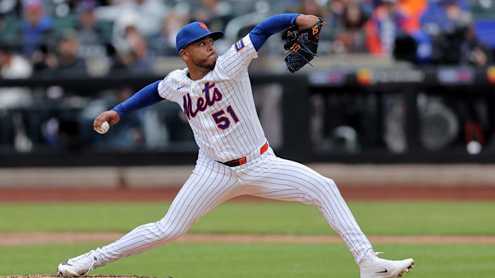 Apr 30, 2026; New York City, New York, USA; New York Mets starting pitcher Freddy Peralta (51) pitches against the Washington Nationals during the sixth inning at Citi Field. Mandatory Credit: Brad Penner-Imagn Images