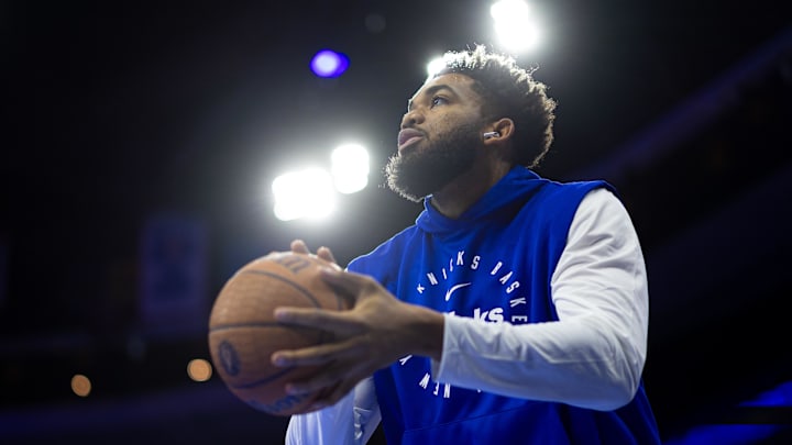 New York Knicks center Karl-Anthony Towns warms up before action against the Philadelphia 76ers at Wells Fargo Center. 