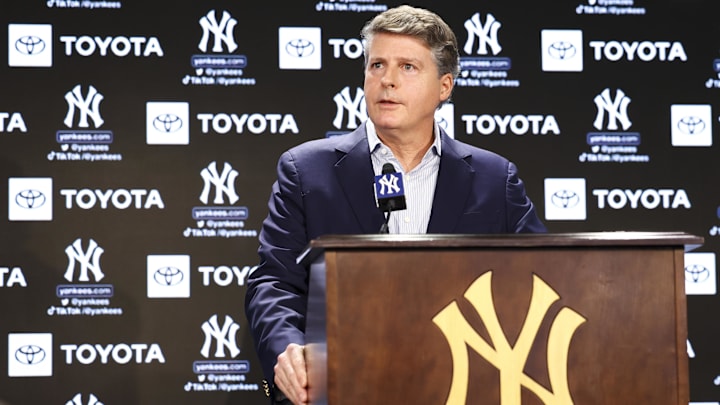 Dec 21, 2022; Bronx, New York, USA; Hal Steinbrenner during a press conference at Yankee Stadium.