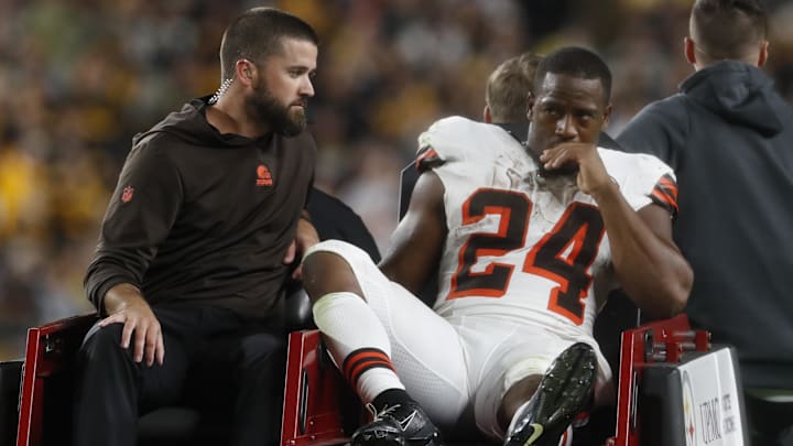 Sep 18, 2023; Pittsburgh, Pennsylvania, USA;  Cleveland Browns running back Nick Chubb (24) is taken from the field on a cart after suffering an apparent injury against the Pittsburgh Steelers during the second quarter at Acrisure Stadium. Mandatory Credit: Charles LeClaire-USA TODAY Sports