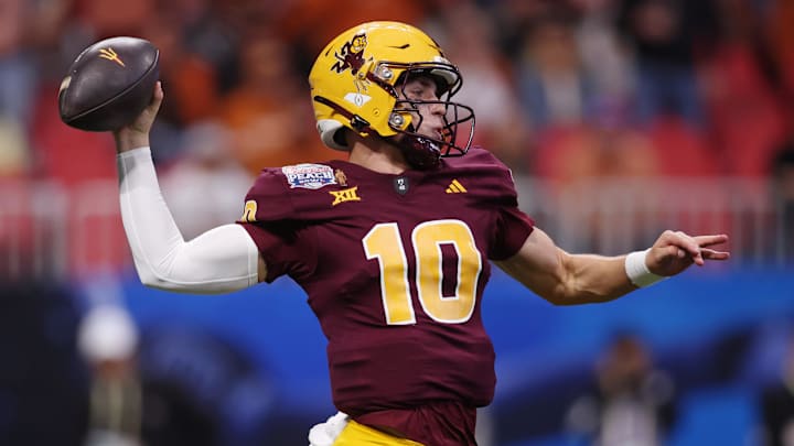 Jan 1, 2025; Atlanta, GA, USA; Arizona State Sun Devils quarterback Sam Leavitt (10) passes the ball against the Texas Longhorns during the first half of the Peach Bowl at Mercedes-Benz Stadium. Mandatory Credit: Brett Davis-Imagn Images Jan 1, 2025; Atlanta, GA, USA; Arizona State Sun Devils quarterback Sam Leavitt (10) passes the ball against the Texas Longhorns during the first half of the Peach Bowl at Mercedes-Benz Stadium. Mandatory Credit: Brett Davis-Imagn Images