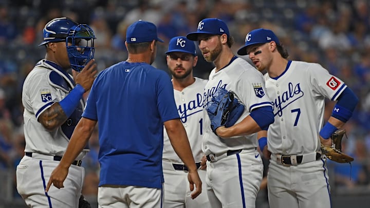 Sep 18, 2024; Kansas City, Missouri, USA; Kansas City Royals starting pitcher Alec Marsh (48) talks with Kansas City Royals pitching coach Brian Sweeney (left) in the third inning against the Detroit Tigers at Kauffman Stadium. Mandatory Credit: Peter Aiken-Imagn Images Sep 18, 2024; Kansas City, Missouri, USA; Kansas City Royals starting pitcher Alec Marsh (48) talks with Kansas City Royals pitching coach Brian Sweeney (left) in the third inning against the Detroit Tigers at Kauffman Stadium. Mandatory Credit: Peter Aiken-Imagn Images