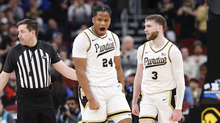 Purdue Boilermakers guard Gicarri Harris (24) celebrates after scoring against the Northwestern Wildcats.