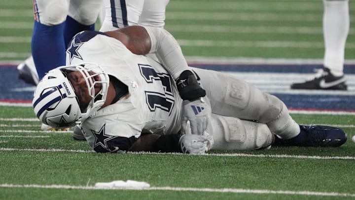 Sep 26, 2024; East Rutherford, New Jersey, USA;  Dallas Cowboys linebacker Micah Parsons injured in the second half against the New York Giants at MetLife Stadium. 