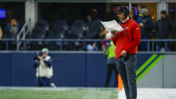 Nov 23, 2023; Seattle, Washington, USA; San Francisco 49ers head coach Kyle Shanahan stands on the sideline during the third quarter against the Seattle Seahawks at Lumen Field. Mandatory Credit: Joe Nicholson-Imagn Images