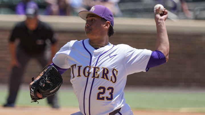 May 31, 2024; Chapel Hill, NC, USA; LSU pitcher Gage Jump (23) throws against the Wofford Terriers during the NCAA Regional in Chapel Hill. Mandatory Credit: Jim Dedmon-Imagn Images