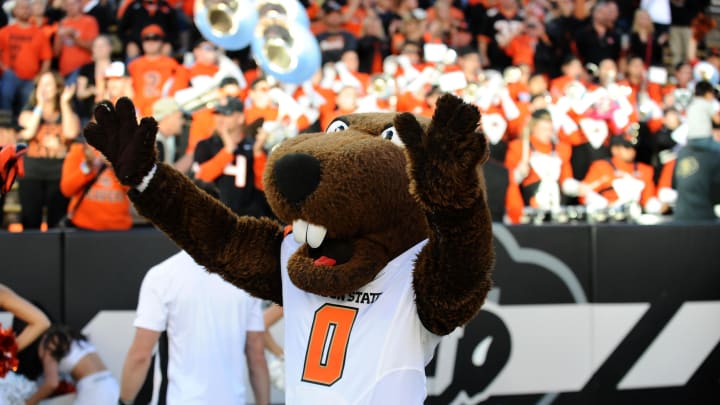 Oct 4, 2014; Boulder, CO, USA; Oregon State Beavers mascot Benny reacts to the win over the Colorado Buffaloes at Folsom Field. The Beavers defeated the Buffaloes 36-31. Mandatory Credit: Ron Chenoy-USA TODAY Sports  