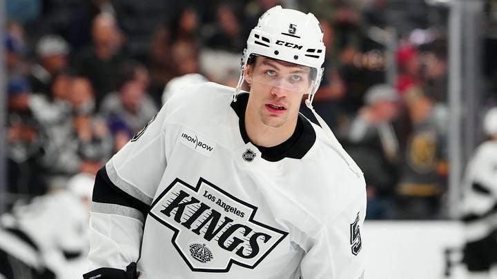 Los Angeles Kings defenseman Andreas Englund (5) warms up before a game. Credit: Stephen R. Sylvanie-Imagn Images Los Angeles Kings defenseman Andreas Englund (5) warms up before a game. Credit: Stephen R. Sylvanie-Imagn Images