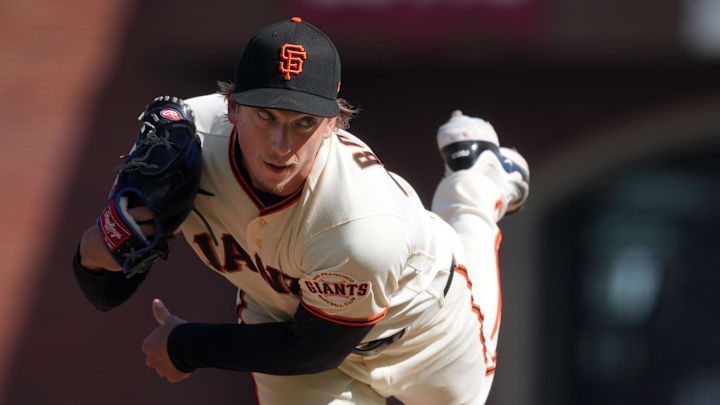 Mar 27, 2026; San Francisco, California, USA; San Francisco Giants pitcher Ryan Borucki (47) throws a pitch against the New York Yankees during the eighth inning at Oracle Park. Mandatory Credit: Darren Yamashita-Imagn Images