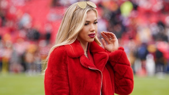 Gracie Hunt on field prior to a game between the Kansas City Chiefs and Las Vegas Raiders at GEHA Field at Arrowhead Stadium.